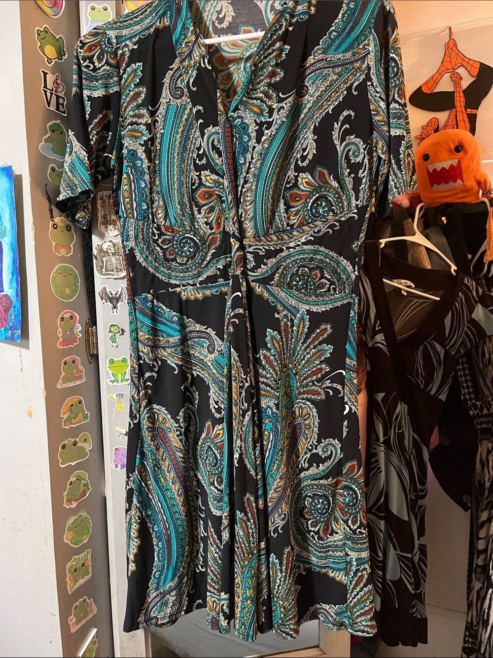 Paisley V-Neck Midi Dress in Black and Teal